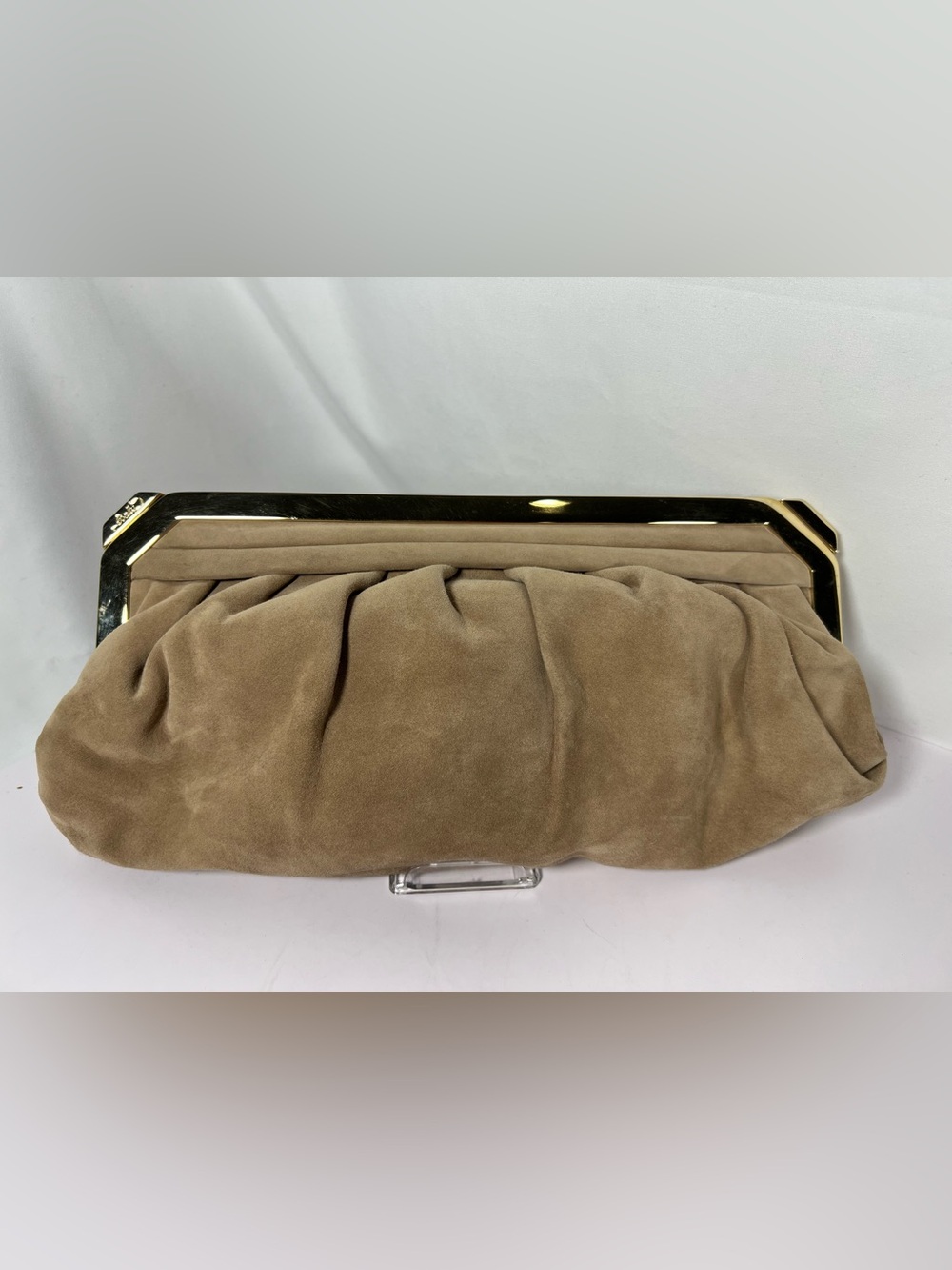 7534: Bally Beige Suede Frame Clutch Evening Bag Gold-Tone Hardware